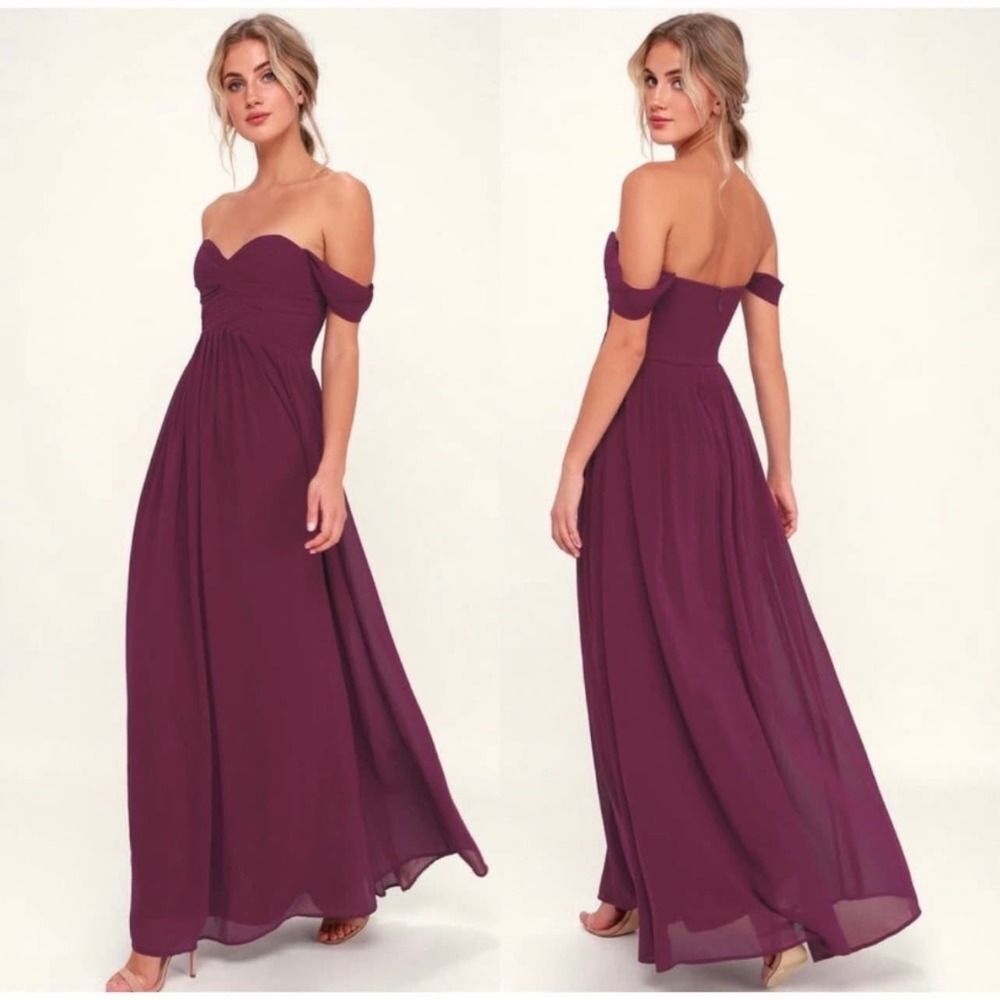 Lulus Harmonious Love Maxi Dress Small Burgundy Off The Shoulder Chiffon